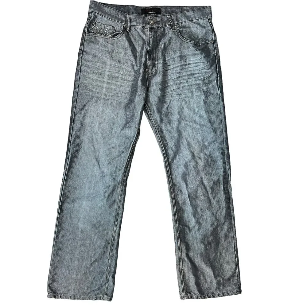 Cyber Y2K Gray 00s Jeans Stuudded Pocket Red Ape Cyber Grunge Size 38